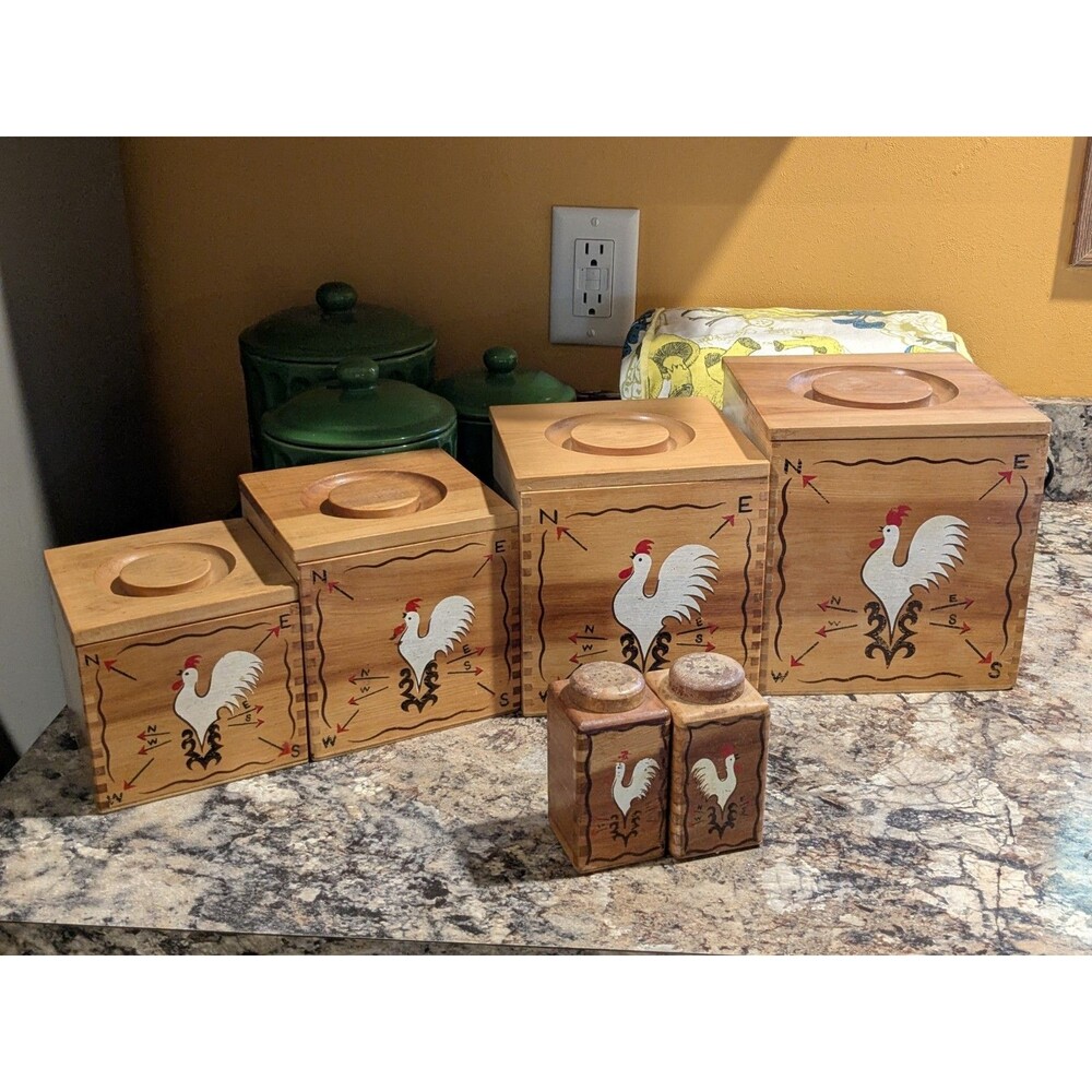 Rooster Weathervane Hand Painted Wood Canister Set Redbird Line Japan S + P